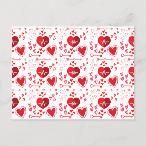 Red love hearts and arrow wrapping paper postcard