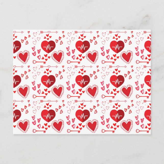 Red love hearts and arrow wrapping paper postcard (Front)