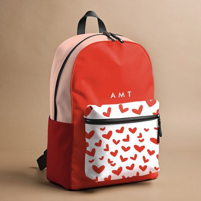 Red Love Hearts Gingham Plaid Personalized Name Printed Backpack (Red hearts personalized school backpack.)