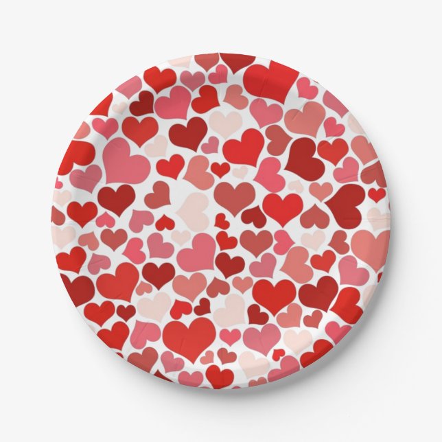 Red Love Hearts Mosaic Pattern Paper Plates (Front)