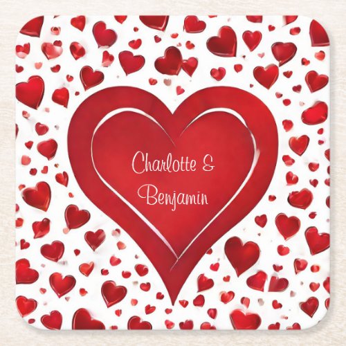 Red Love Hearts  Name Valentines Party Square Paper Coaster