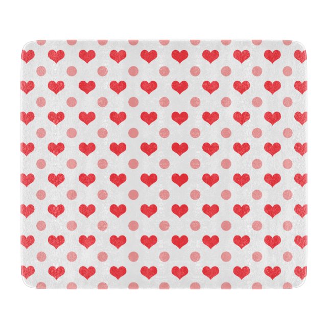 red love hearts, pastel pink polka dots pattern cutting board (Front)