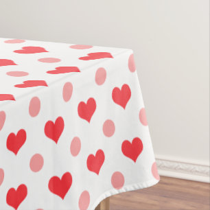 red love hearts, pastel pink polka dots pattern tablecloth
