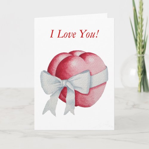 red love hearts tied with white ribbon bow card