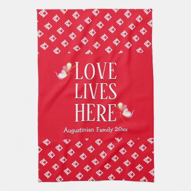 Red | LOVE LIVES HERE | Stylish Personalized Kitchen Towel (Vertical)