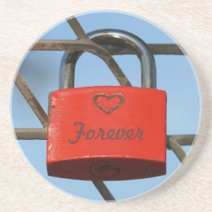 Red Love Lock with Heart on Fence, "Forever" Drink Coaster