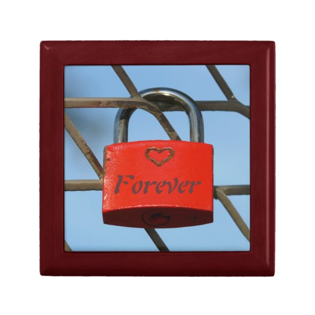 Red Love Lock with Heart on Fence, "Forever" Keepsake Box (Front)