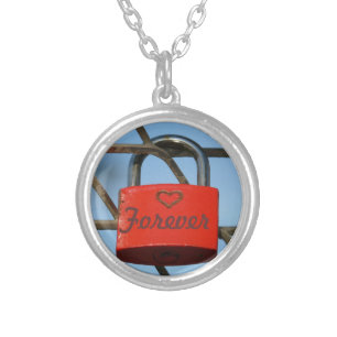 Red Love Lock with Heart on Fence, "Forever" Silver Plated Necklace