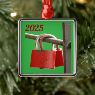 Red Love Locks on Fence Metal Ornament