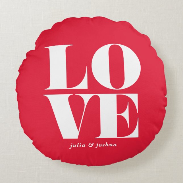 Red LOVE Modern Typography Custom Valentine's Day Round Pillow (Front)
