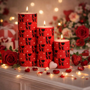 Red LOVE Pattern with Heart Emblems Pillar Candle