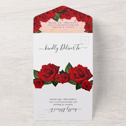 Red Love Roses Wedding All In One Invitation