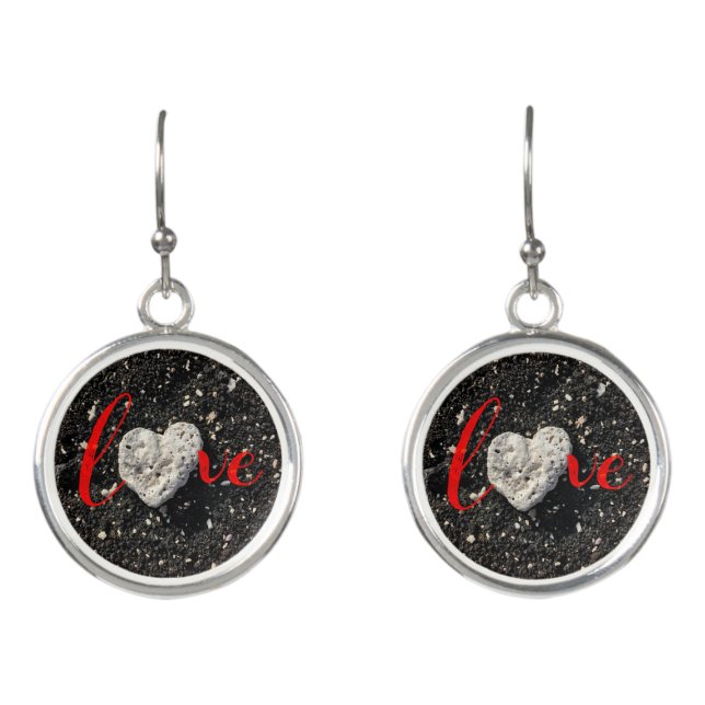 Red Love Script Heart Hawaii Black Sand Beach Earrings (Front)