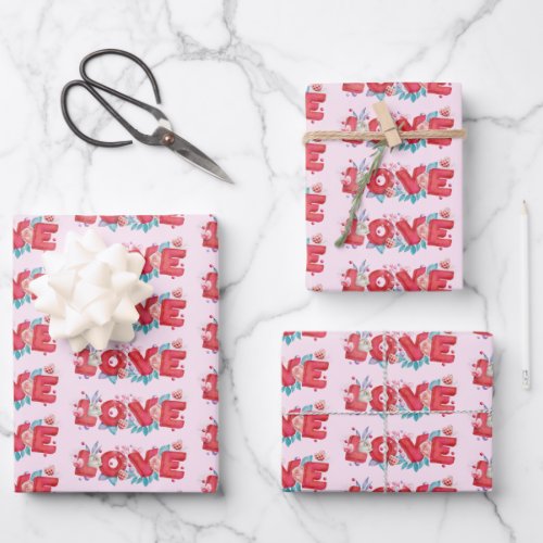 Red Love Text in Block Font Watercolor Pattern Wrapping Paper Sheets