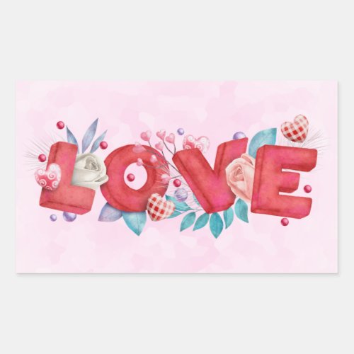 Red Love Text in Bold Block Font Watercolor Rectangular Sticker