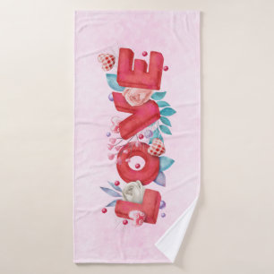Red Love Text in Bold Block Letters Watercolor Bath Towel Set