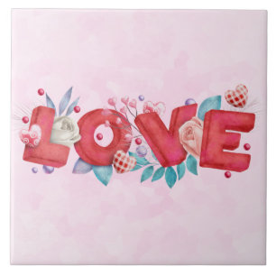 Red Love Text in Bold Block Letters Watercolor Ceramic Tile