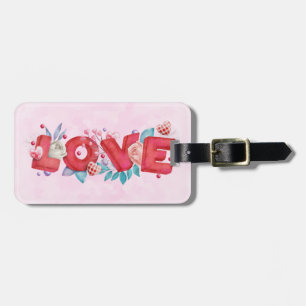 Red Love Text in Bold Block Letters Watercolor Luggage Tag