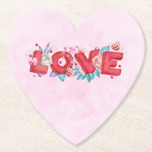 Red Love Text in Bold Block Letters Watercolor Paper Coaster