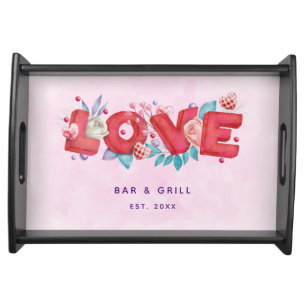 Red Love Text in Bold Block Letters Watercolor Serving Tray