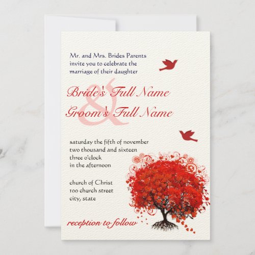 Red Love Tree Love Birds Wedding  Invitation