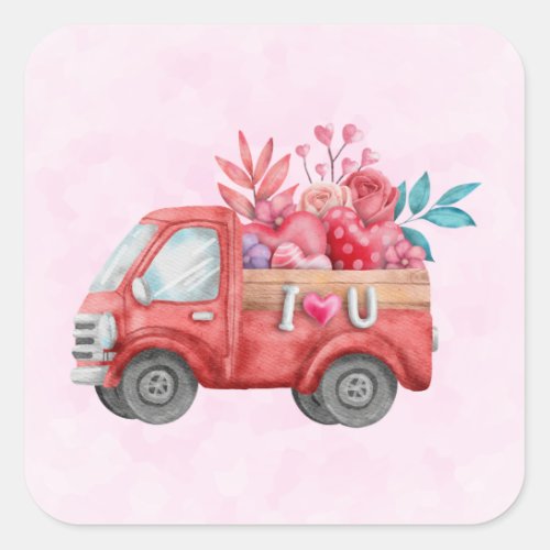 Red Love Truck with Heart Cargo Watercolor Square Sticker