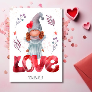 Red Love With Watercolor Lady Gnome Valentine Holiday Card