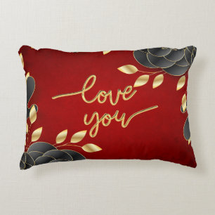 Red Love You With Black and Gold Floral Border Accent Pillow