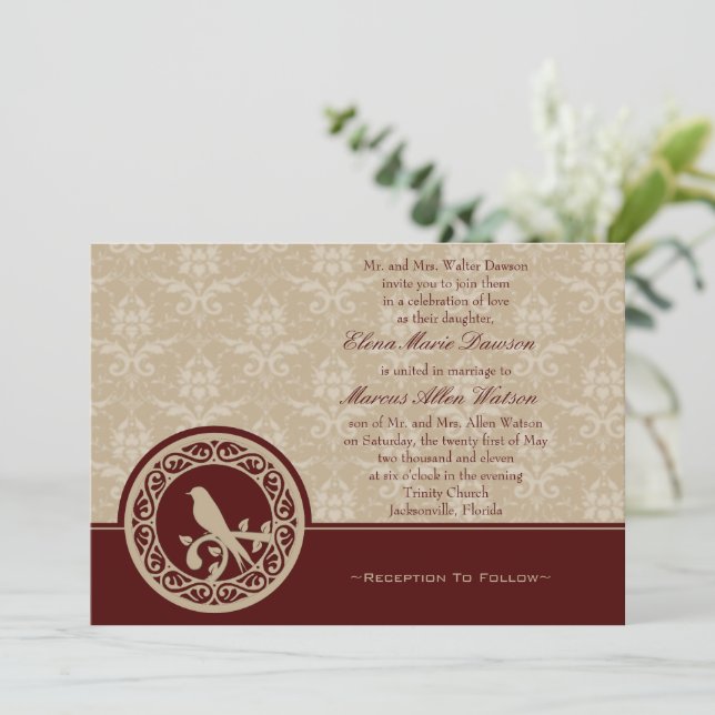 Red Lovebird Damask Wedding Invitation (Standing Front)
