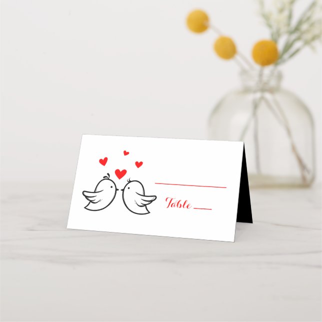 Red Lovebirds Hearts Escort Card - Wedding Party (Front)