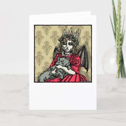 Red Lucia and Cat _ Blank Inside Pop Goth Holiday Card
