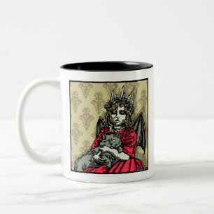Red Lucia and Cat - Pop Goth Holiday Surreal Two-Tone Coffee Mug