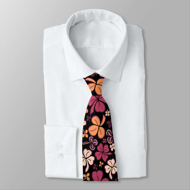 Red Lucky Clover 4 Leaves Shamrock Pattern Neck Tie (Tied)