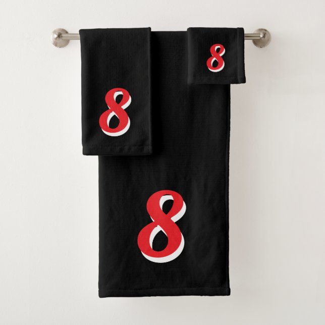 Red Lucky Number Eight on Black Bath Towel Set (Insitu)