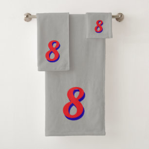 Red Lucky Number Eight on Silver Gray Bath Towel Set