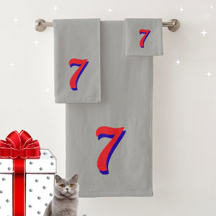 Red Lucky Number Seven on Silver Gray Bath Towel Set