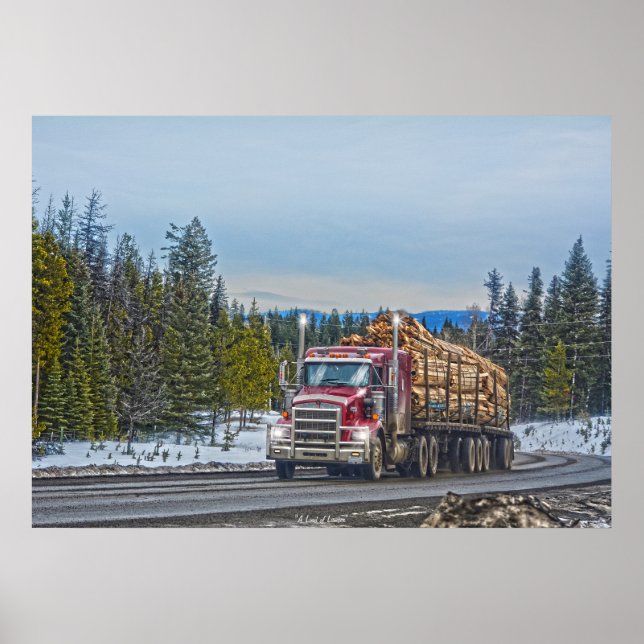 Red Lumber Delivery Truck and Highway Art Poster (Front)