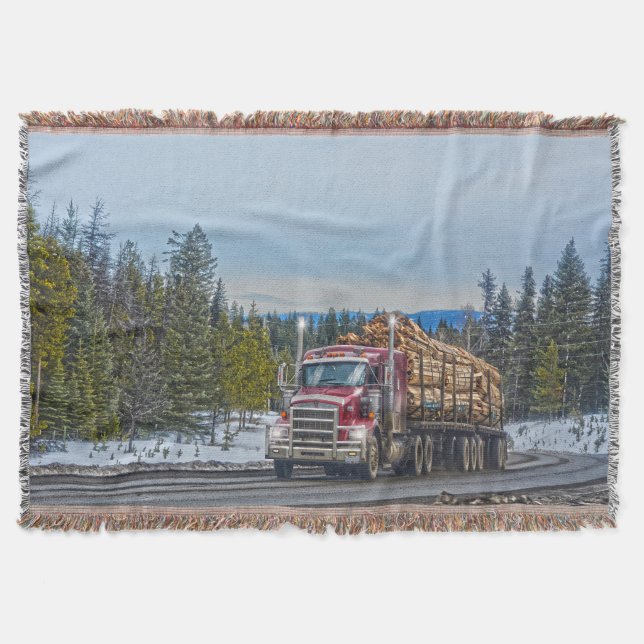 Red Lumber Delivery Truck and Highway Art Throw Blanket (Front)