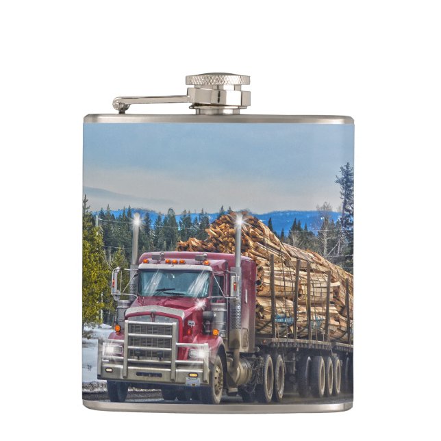 Red Lumber Truck & Highway for Lorry-lovers Hip Flask (Front)