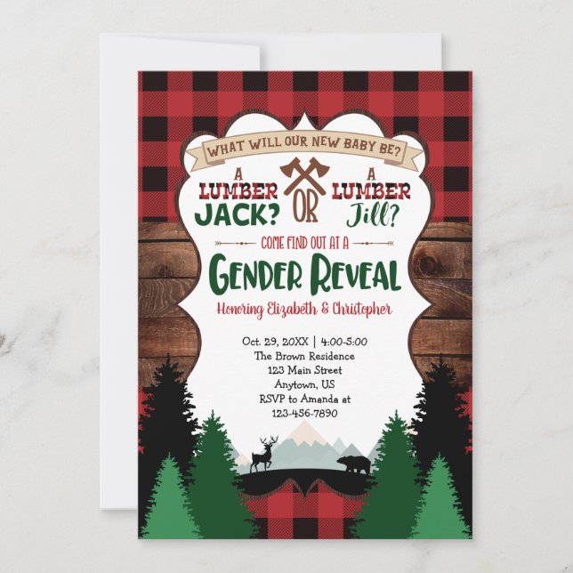 Red Lumberjack Gender Reveal Baby Shower Invitation (Front)