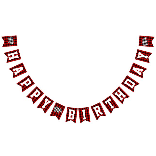 Red Lumberjack Plaid Bear Happy Birthday Party Bunting Flags (All)