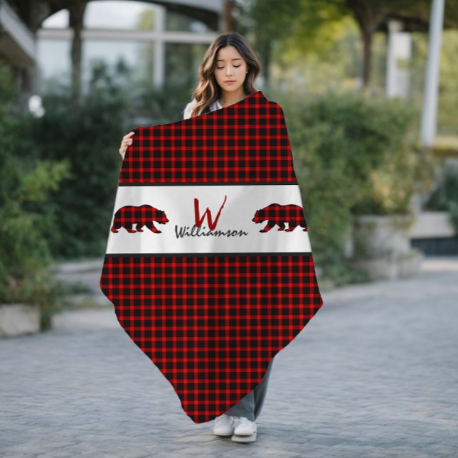 Red Lumberjack Plaid Bears Monogram Fleece Blanket (Creator Uploaded)