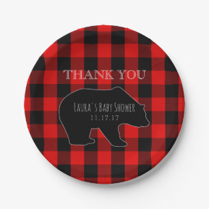 Red Lumberjack Plaid   Woodland Boy Baby Shower Paper Plates