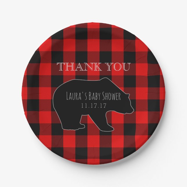 Red Lumberjack Plaid | Woodland Boy Baby Shower Paper Plates (Front)