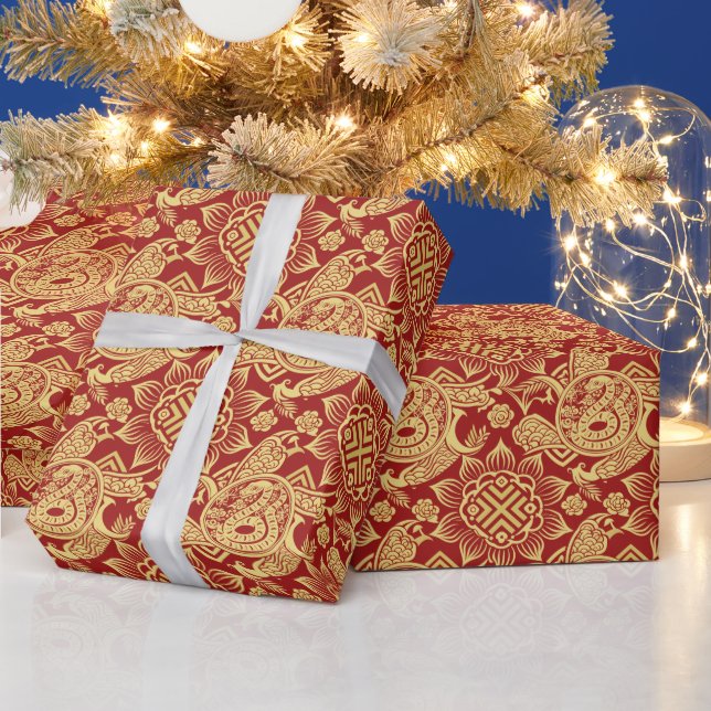 Red Lunar Chinese New Year of the Snake 2025 Wrapping Paper (Holidays)