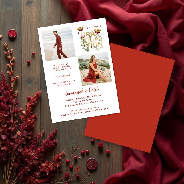 Red Luxury Glitter Siblings Twins Grads TMF26 Invitation (Luxury red and gold glitter faux effect siblings graduation invitation featuring double photos.)