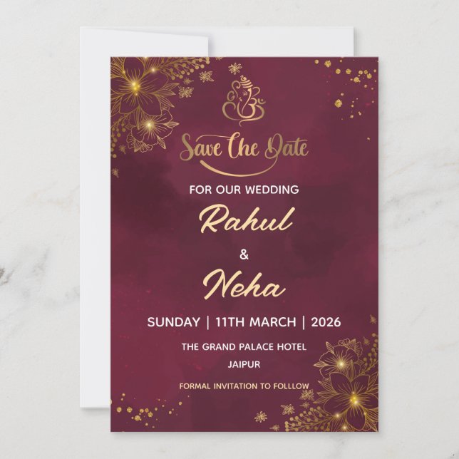 Red Luxury Indian Save the Date Card (Front)