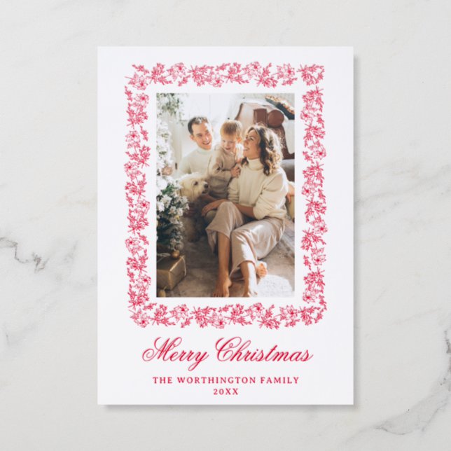Red Luxury Traditional Merry Christmas Letterpress Photo Cards (Front)