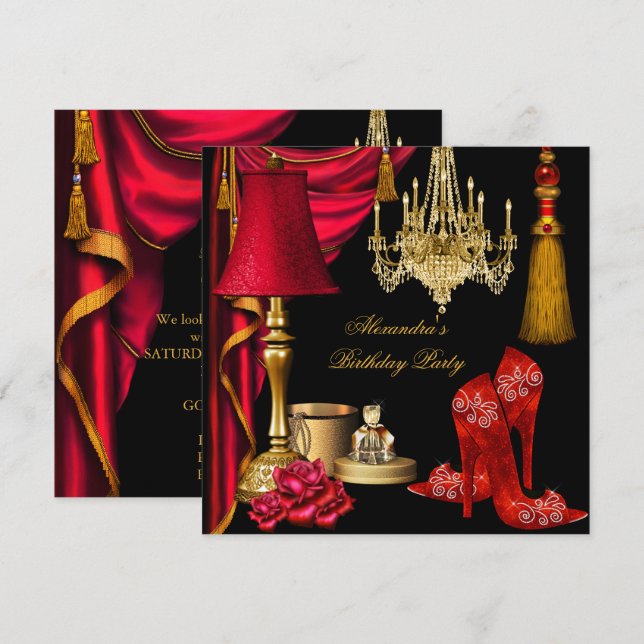 Red Luxury Womans Gold Black High Heels Party Invitation (Front/Back)