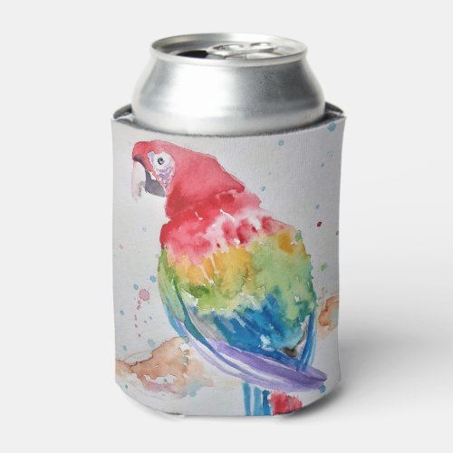 Red Macaw parrot Bird Watercolour Art Design Can Cooler